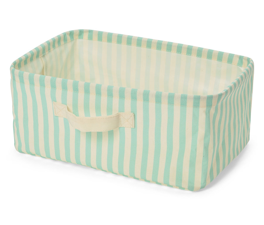 Rechteckiger Aufbewahrungskorb mit blau-weißen Streifen und Stoffgriff.