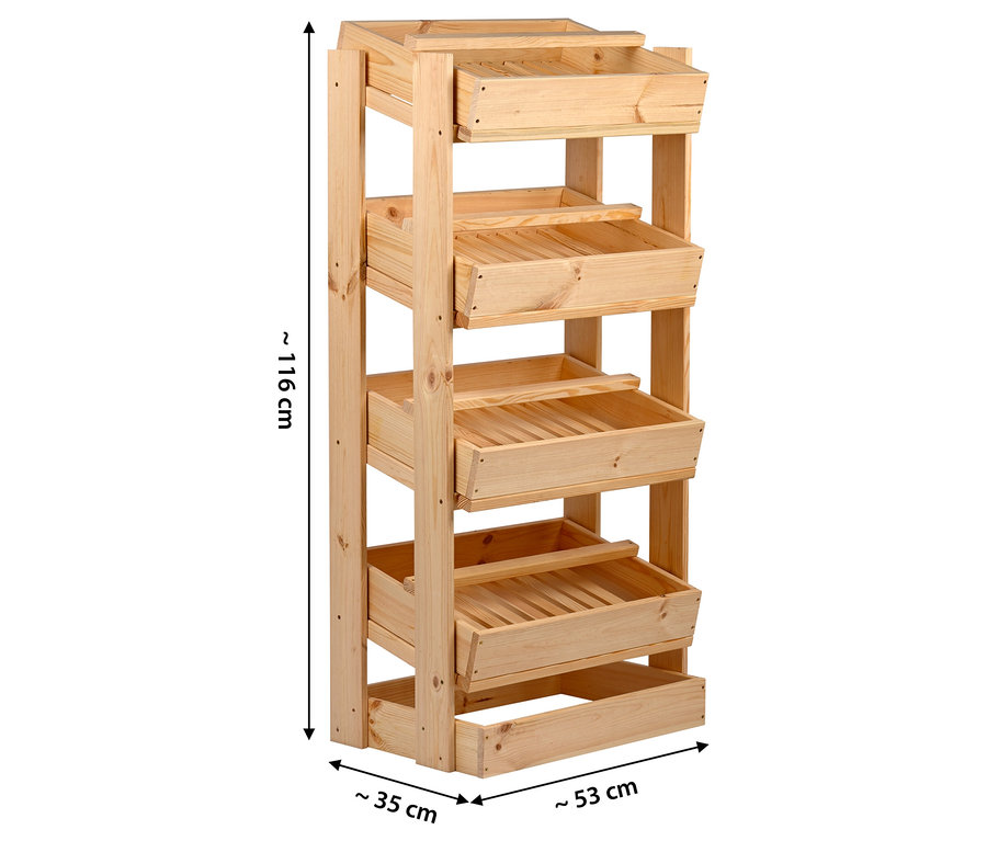 Ein hölzernes Vorratsregal mit vier Ablageflächen/Schubladen.