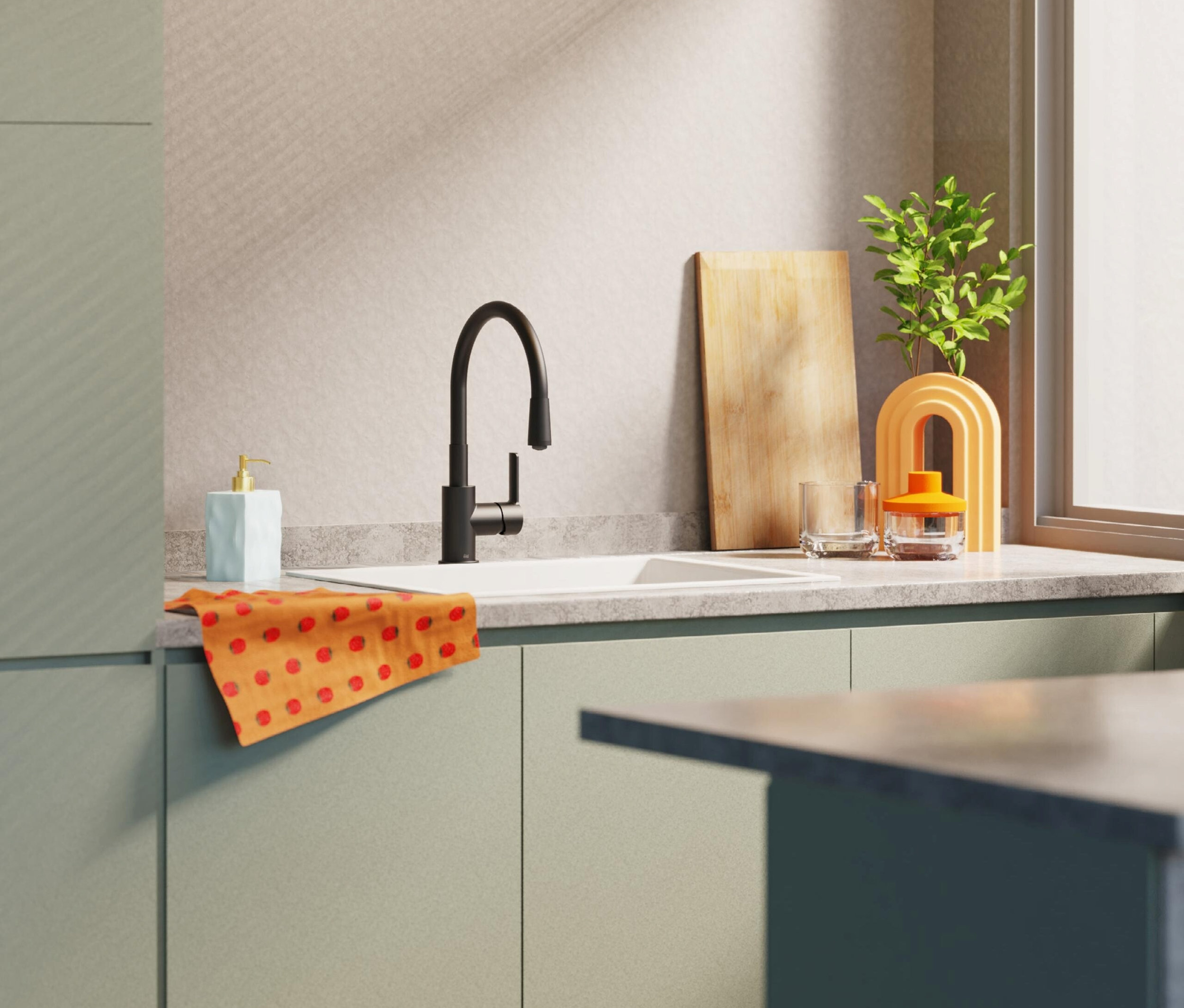 Küchenspüle mit Edelstahl-Spültischarmatur »FLEXO«, Geschirrtuch und Dekorationen.