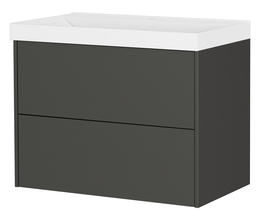 Dunkelgrauer Waschtischunterschrank mit zwei Schubladen und einem weißen Waschbecken.