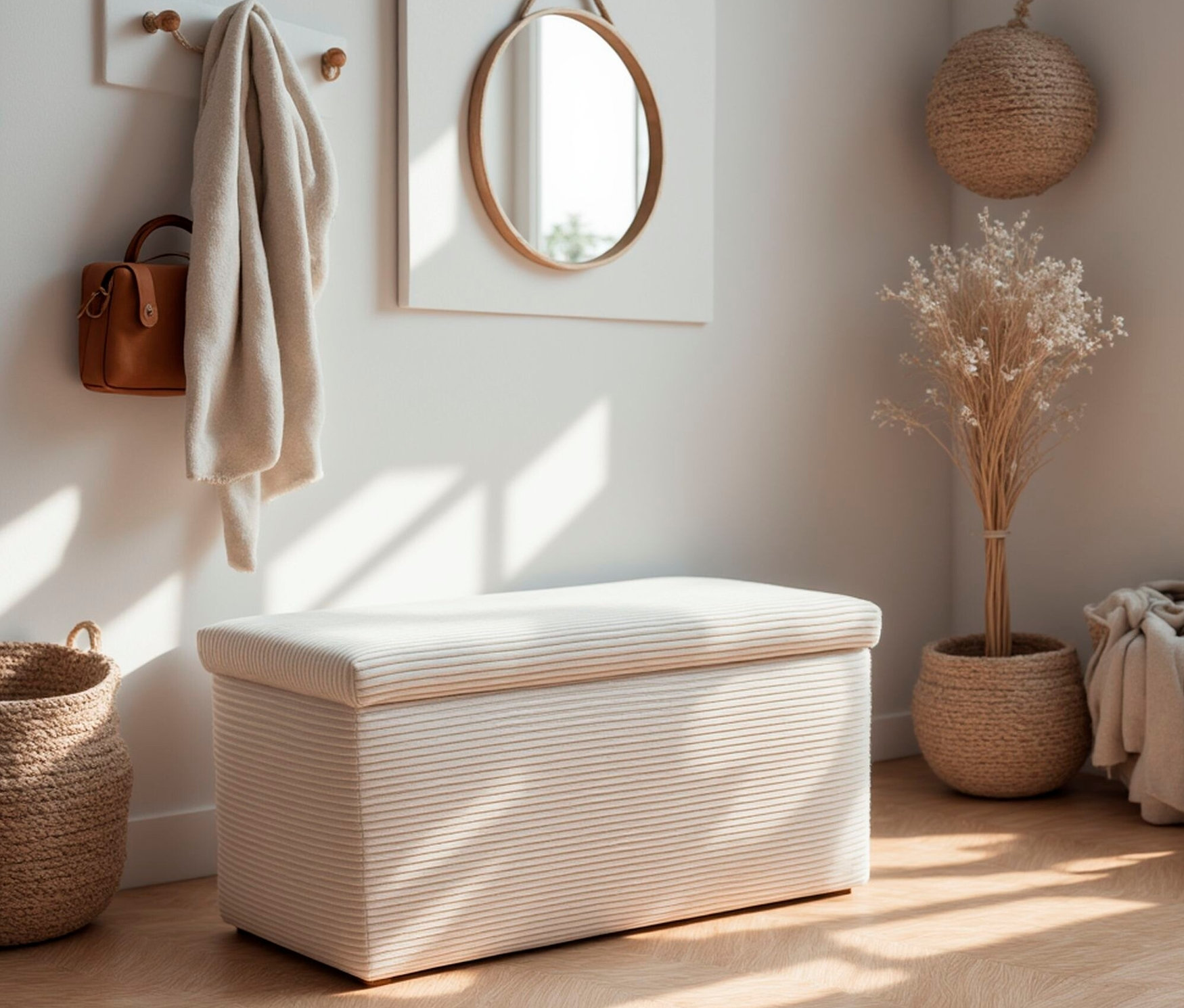 Einrichtung mit einem creme DOMO Hocker mit Staufach, Spiegel und Dekorationen.