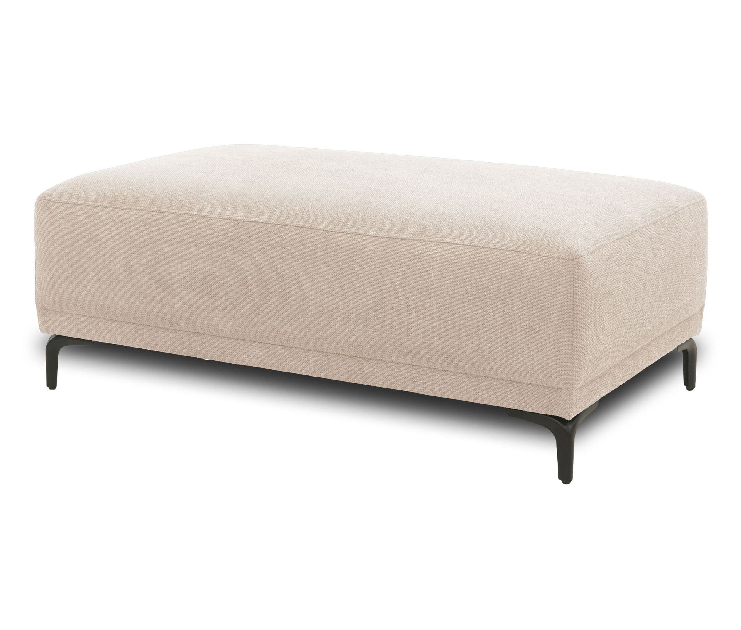 Cremefarbenes DOMO Eck-Schlafsofa mit Hocker, linksbündig, auf weißem Hintergrund.