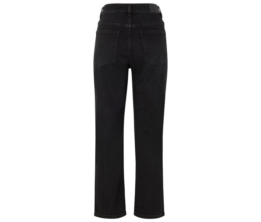 Rückansicht einer schwarzen High-Waist-Jeans mit geradem Bein.