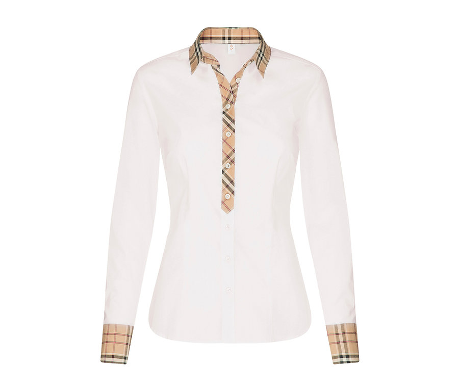 Weisse Seidensticker Popeline-Bluse mit Karodessin an Kragen, Knopfleiste und Manschetten.