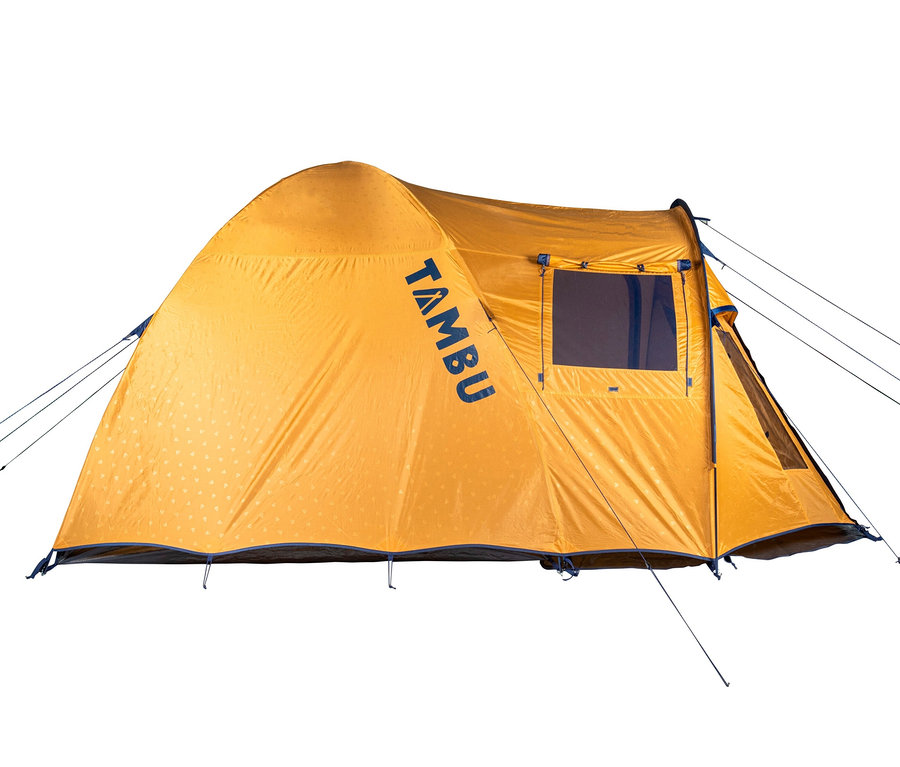 Gelbes Tambu Setu 4 Kuppelzelt für vier Personen.