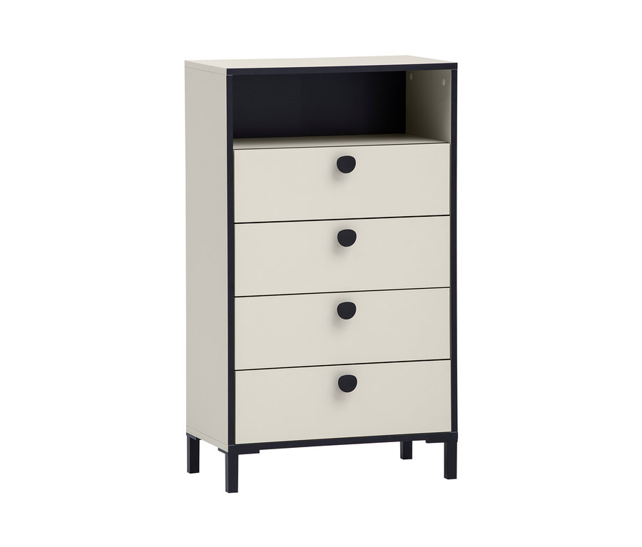 Beige Kommode »Edda« mit vier Schubladen und schwarzen runden Griffen.