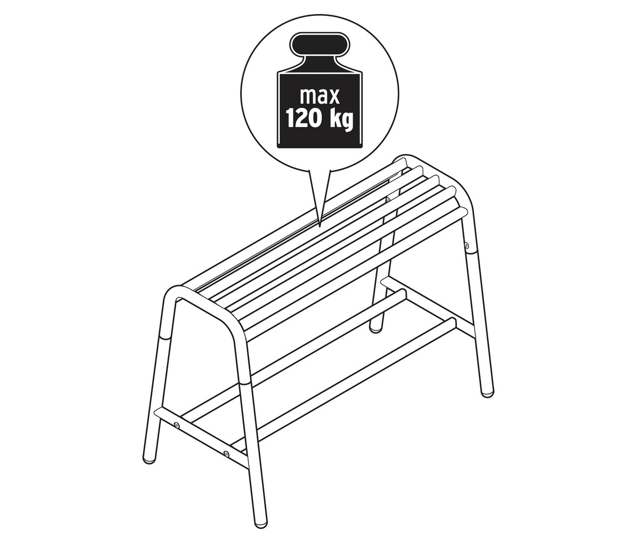 Illustration einer Sitzbank mit Ablage und einem Hinweis auf eine maximale Belastung von 120 kg.