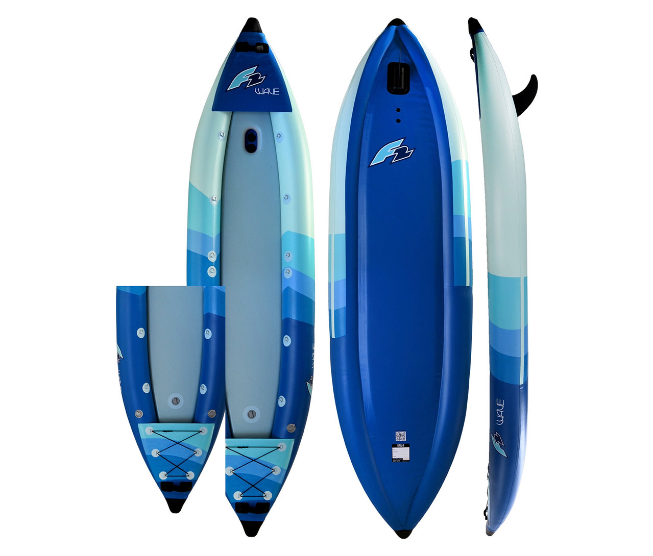 Drei Ansichten des aufblasbaren F2 »Wave« Kajaks für 2 Personen in Blau und Weiß.