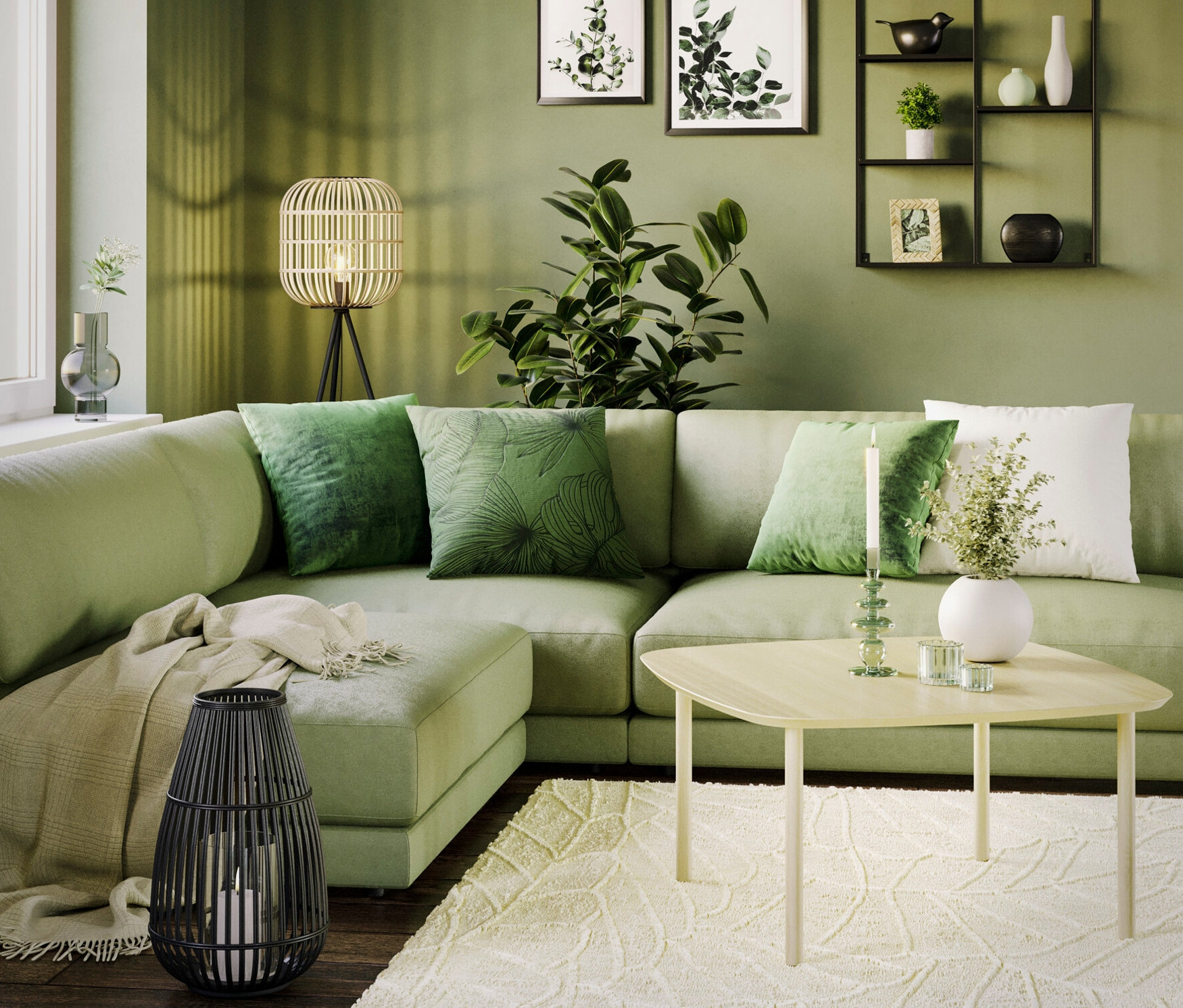 Ein grünes Wohnzimmer mit einem Ecksofa, einem hellen Teppich und einem großen Eglo Wandregal »KENINGAU«.