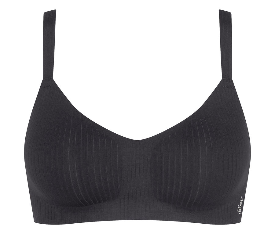 Schwarzer BH mit dünnen Trägern und vertikalem Rippmuster.