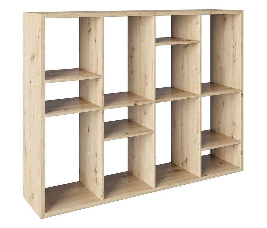 Ein hellbraunes Holzregal mit zwölf Fächern.