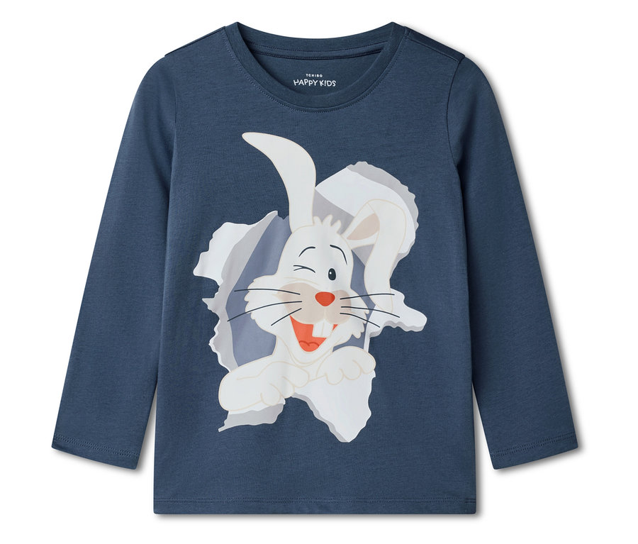 Blaues Langarmshirt mit weißem Hasen, der aus einem Riss herausschaut.