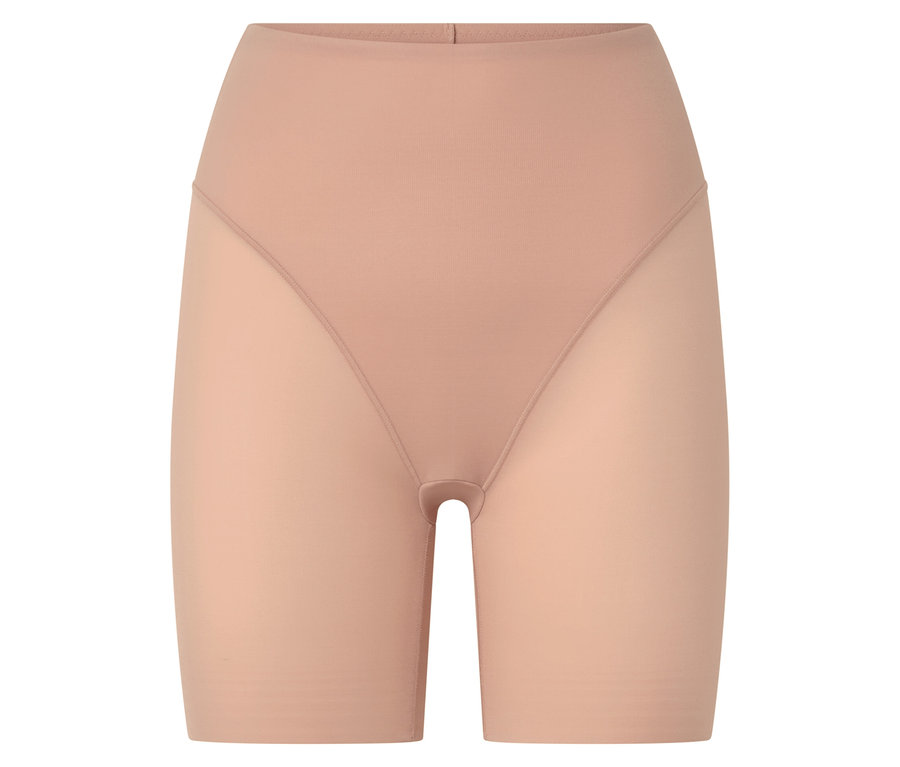 Beige Shapewear-Shorts mit hoher Taille und transparenten Beinen.