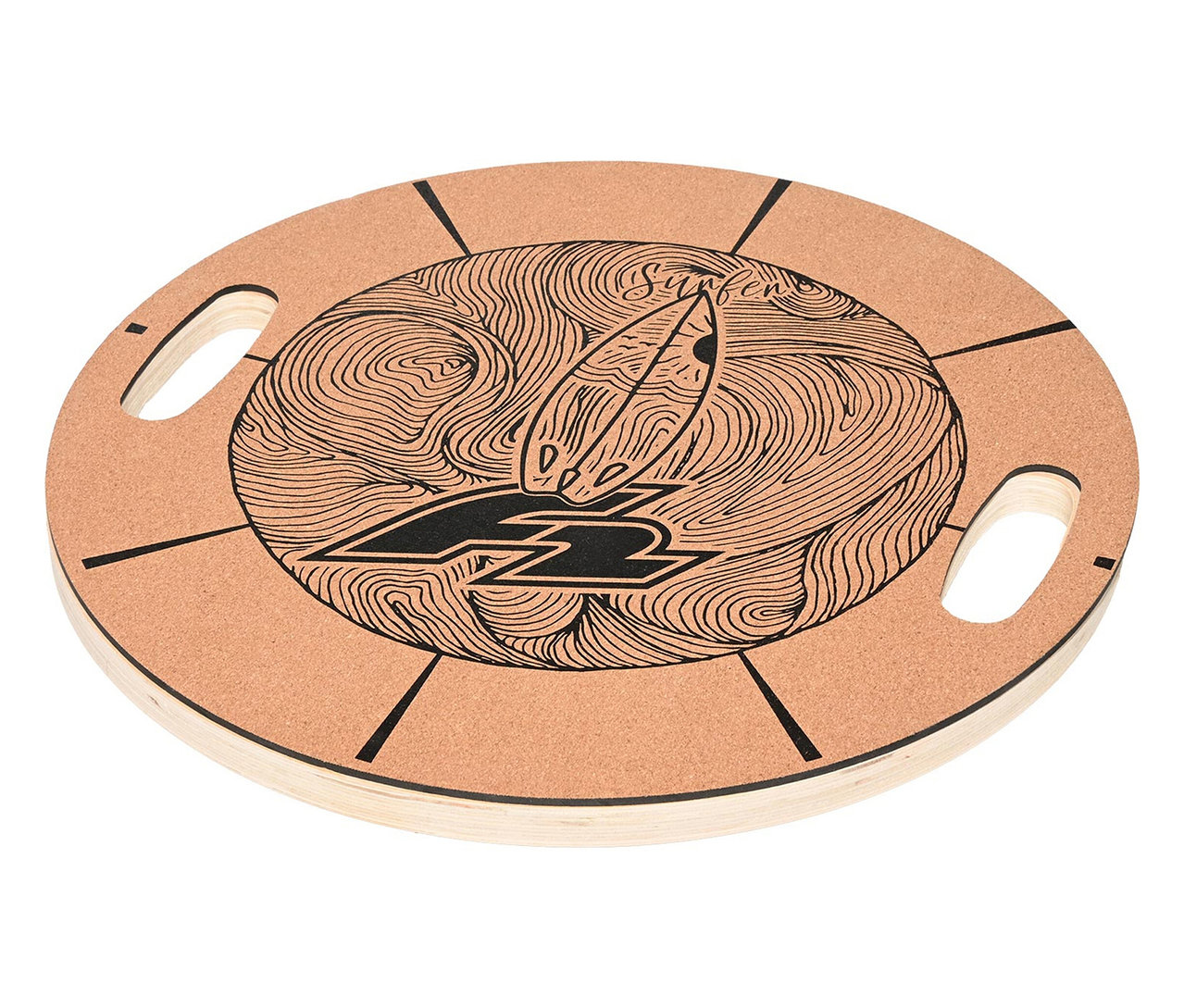 Eine braune F2 Round Balance Plate mit schwarzer Grafik liegt auf einer hellen Oberfläche.