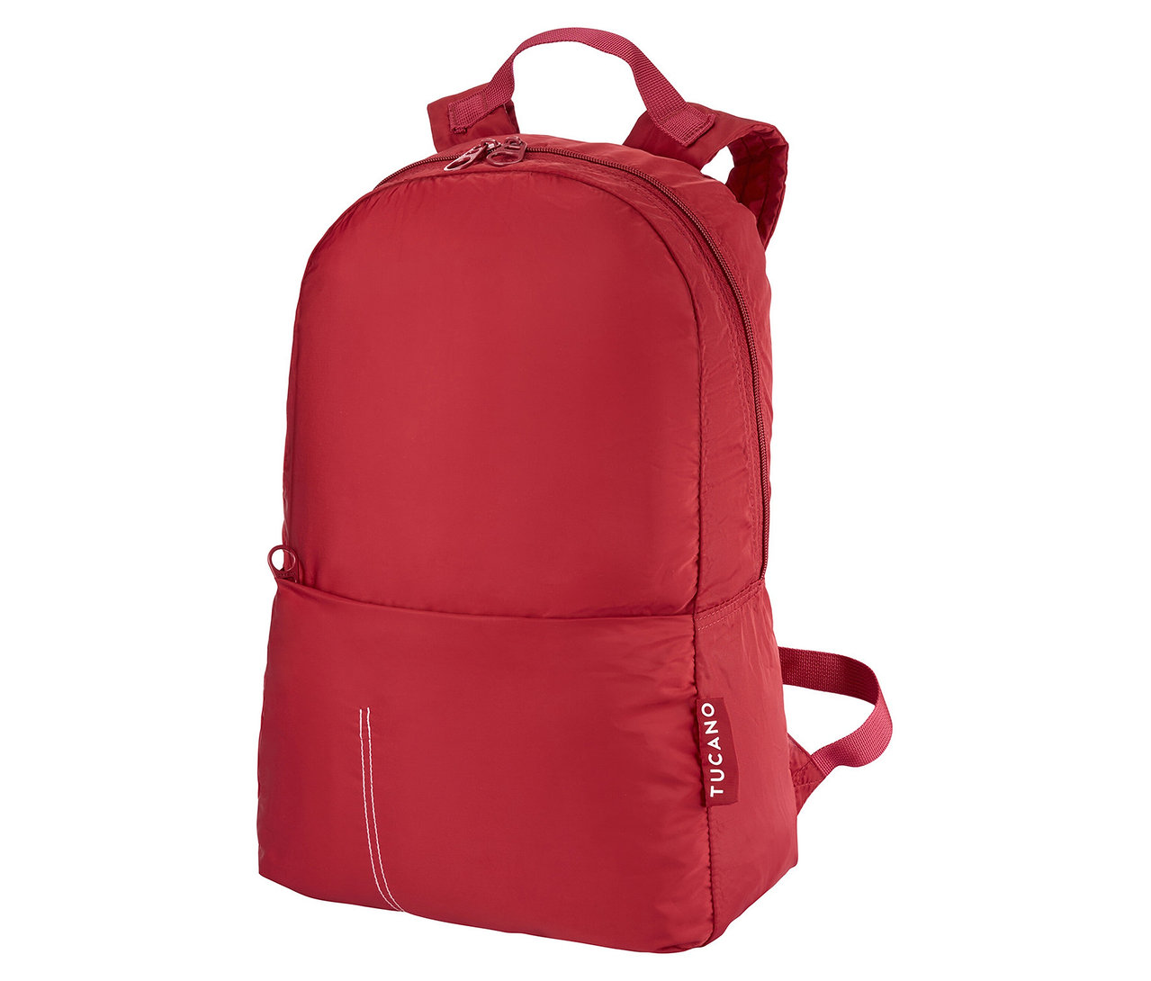 Nahaufnahme des roten Tucano Rucksacks »Compatto Eco« mit Tragegriffen und Reißverschluss.