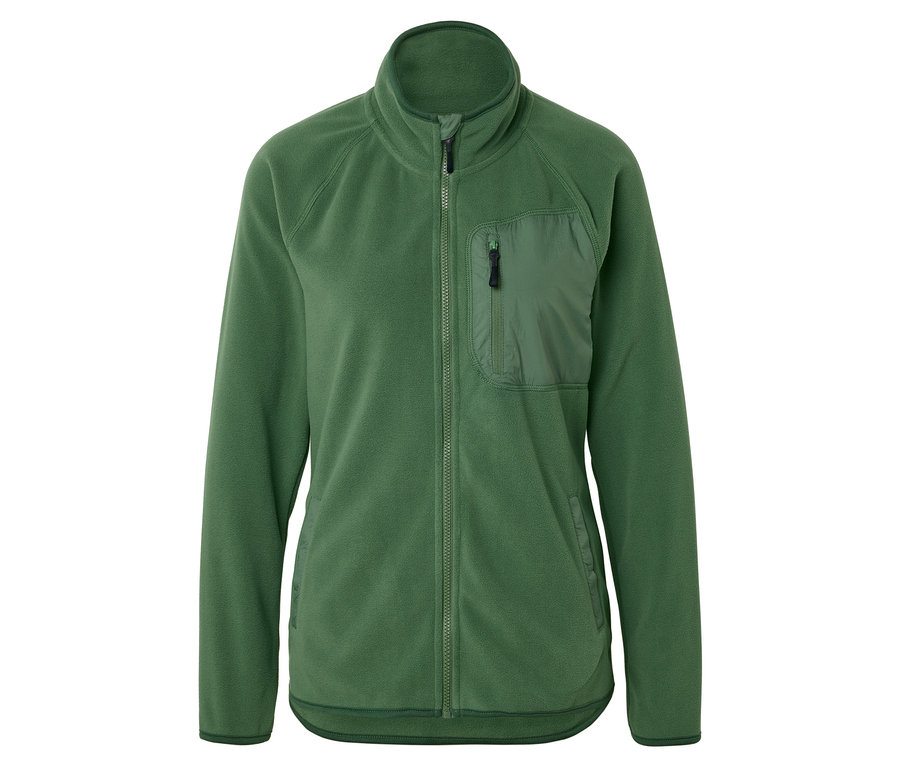Grüne Fleecejacke mit durchgehendem Reißverschluss und einer Brusttasche mit Reißverschluss.