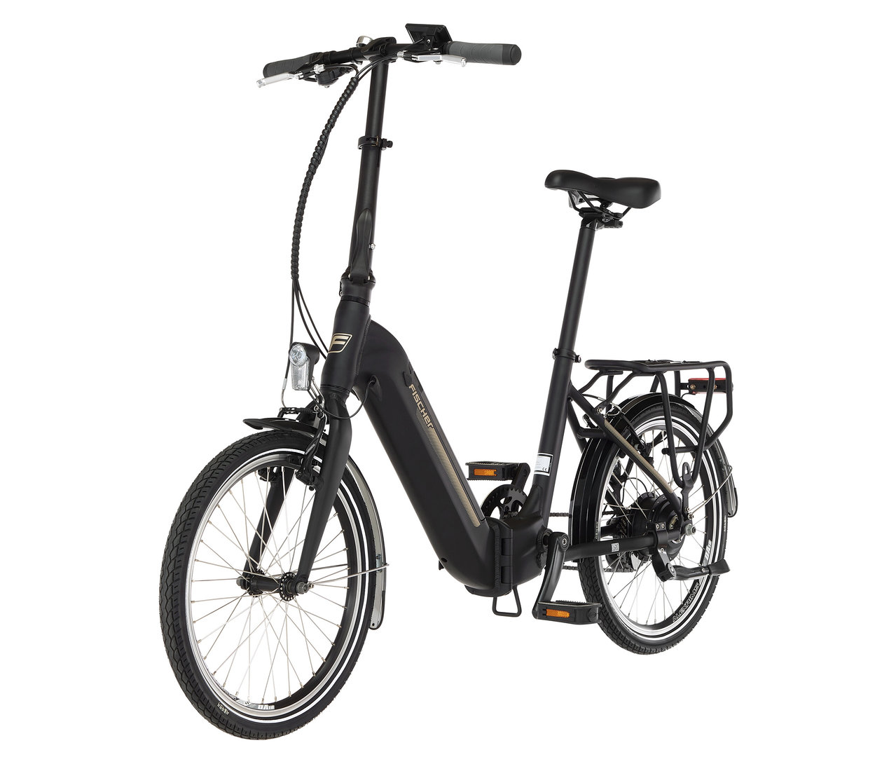 Schwarzes FISCHER City E-Faltrad CITA Agilo 2.0 mit Gepäckträger, Schutzblechen und Frontscheinwerfer von vorne.