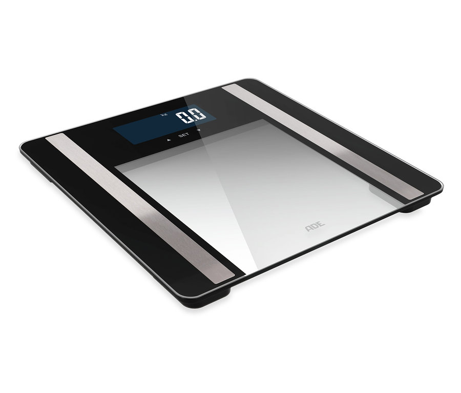 ADE Digitale Körperanalysewaage »Ines« bis 200 kg mit schwarzem Rand und silbernen Akzenten auf einer weißen Oberfläche.
