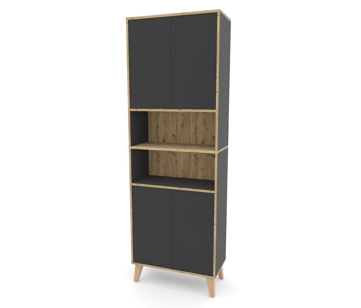 Hoher Schrank mit grauen Türen, zwei offenen Regalen und hellbraunen Holzdetails.