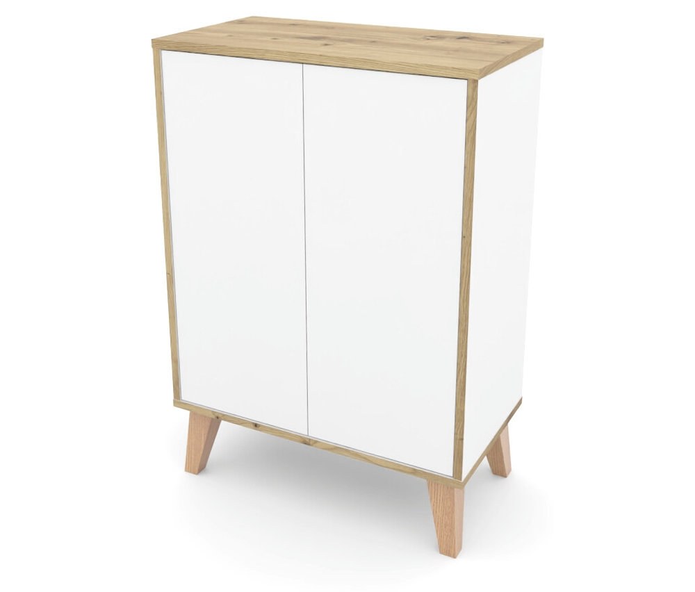 Ein kleiner Schrank mit zwei weißen Türen und einer hellbraunen Holzplatte steht auf vier Beinen.