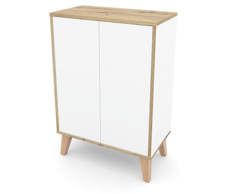 Ein kleiner Schrank mit zwei weißen Türen und einer hellbraunen Holzplatte steht auf vier Beinen.