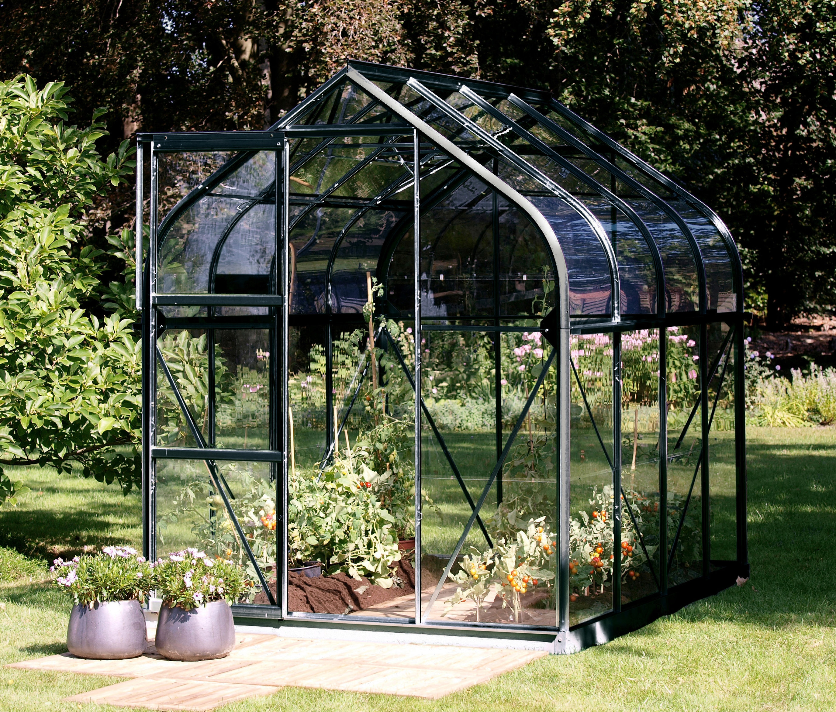 Gemüsegarten mit Tomatenpflanzen im Vitavia-Gewächshaus Orion 5000.