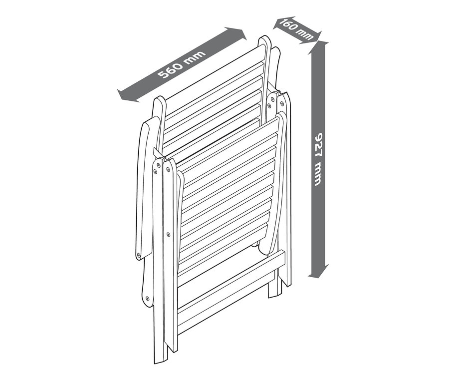 Zusammengeklappter Hochlehner »Leira« mit verstellbarer Rueckenlehne und Abmessungen.