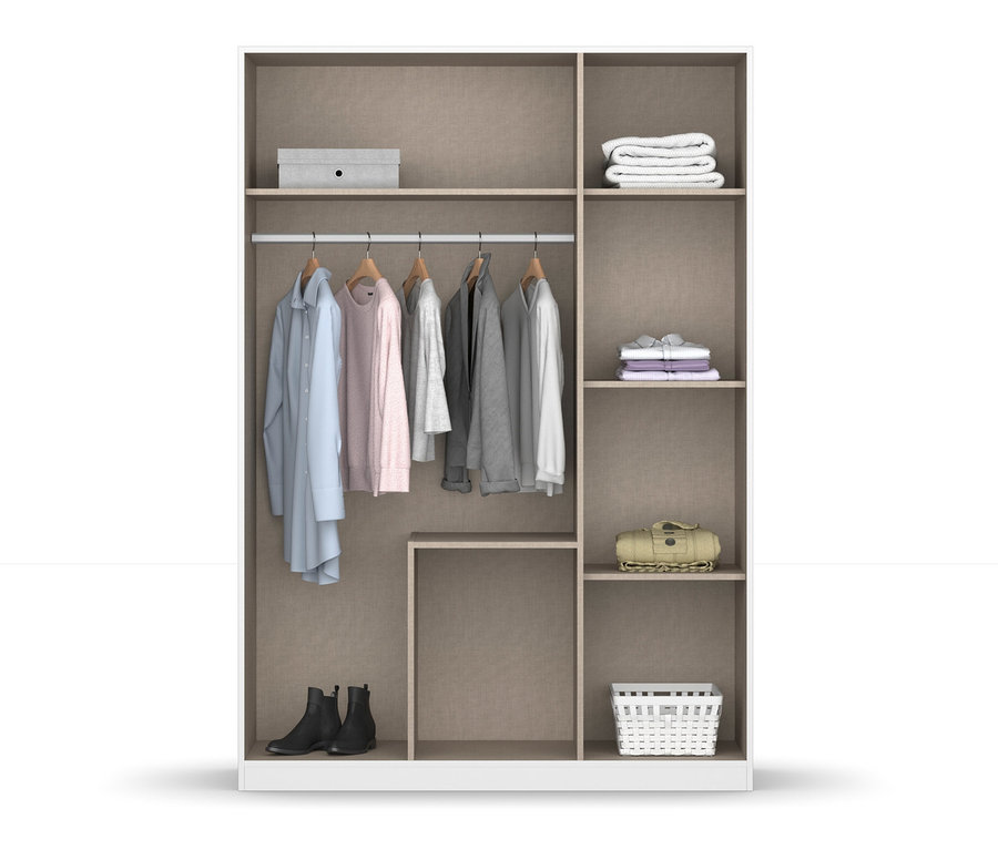 Innenansicht eines Kleiderschranks »Alvara« mit Kleidung, Schuhen und Aufbewahrungsboxen.