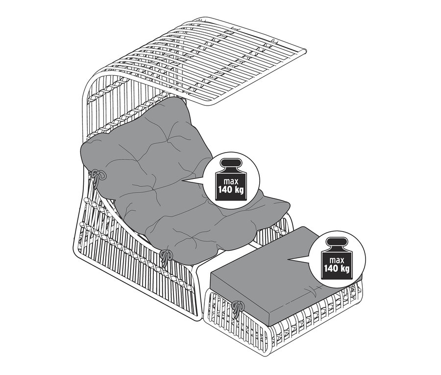 Zeichnung eines Outdoorsessels mit Dach und herausziehbarem Fußteil.