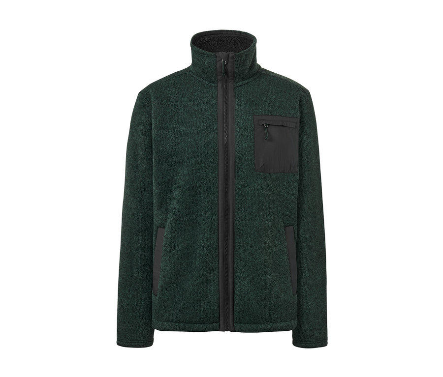 Grüne Thermo-Strickfleecejacke mit schwarzem Reißverschluss und Brusttasche.