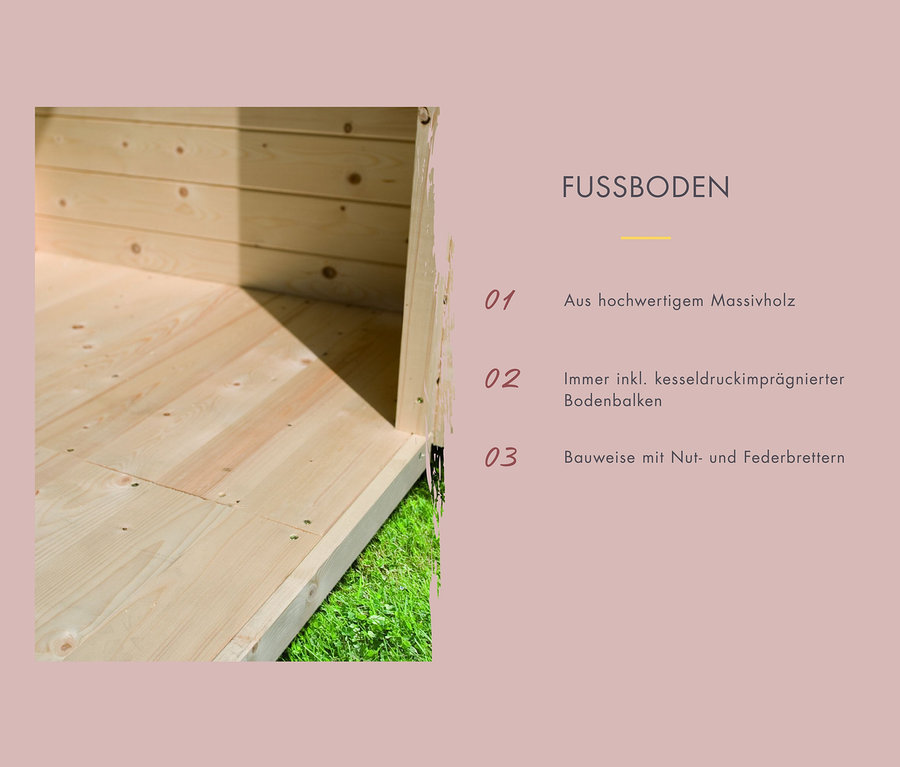 Detailaufnahme des Fussbodens einer Karibu Sauna mit Beschreibung der Eigenschaften.