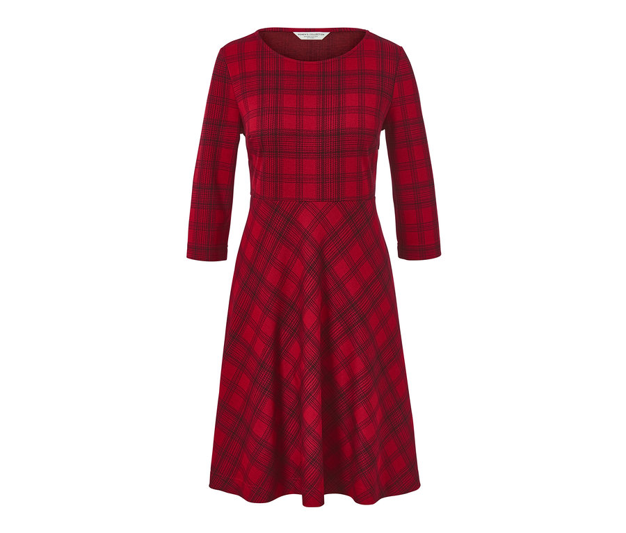 Ein kariertes Jacquard-Kleid in Rot mit Dreiviertelärmeln.