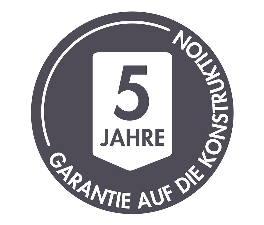 Logo mit Text "5 Jahre Garantie auf die Konstruktion".