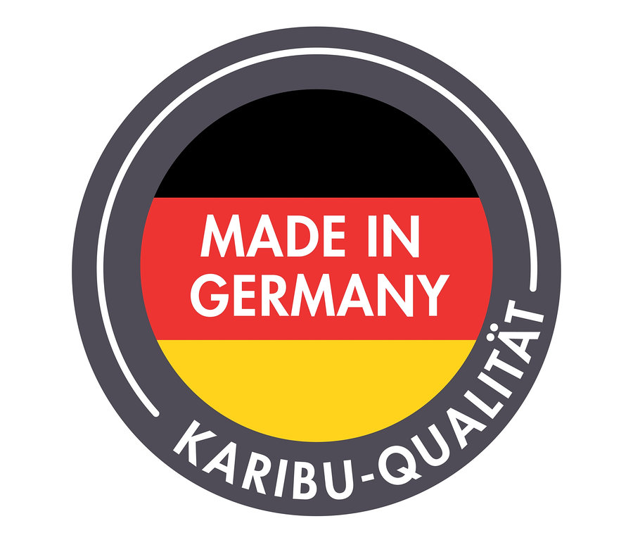 Runder Aufkleber mit deutscher Flagge, Text "MADE IN GERMANY" und "KARIBU-QUALITÄT".