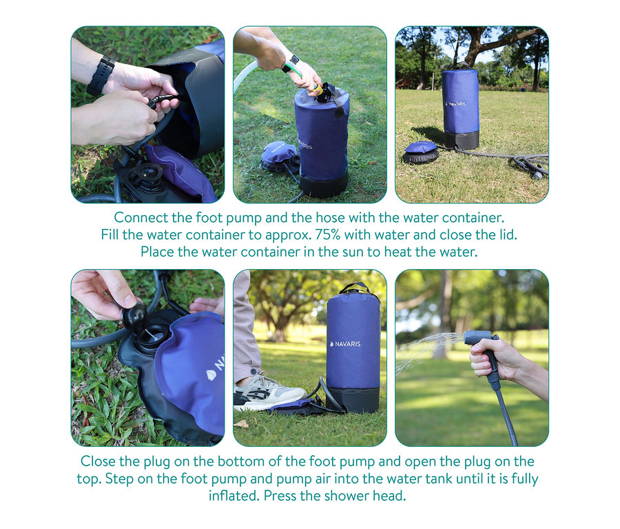 Eine Person benutzt eine Navaris Campingdusche mit Fußpumpe im Freien.