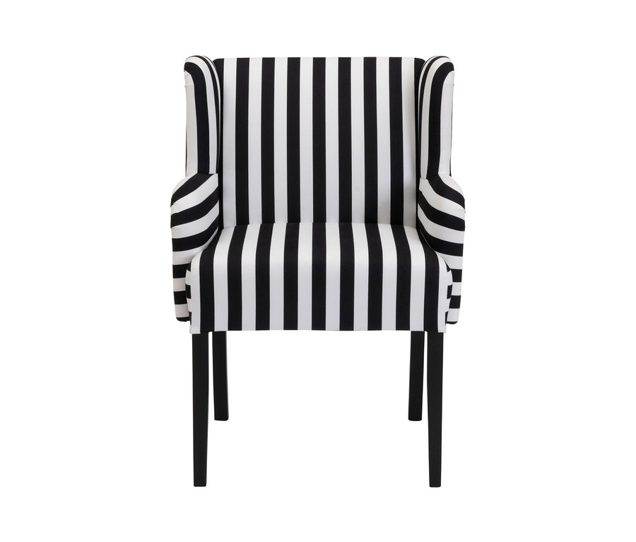 Frontansicht des Polsterstuhls Hendrick mit Armlehnen, schwarz-weiß gestreift.