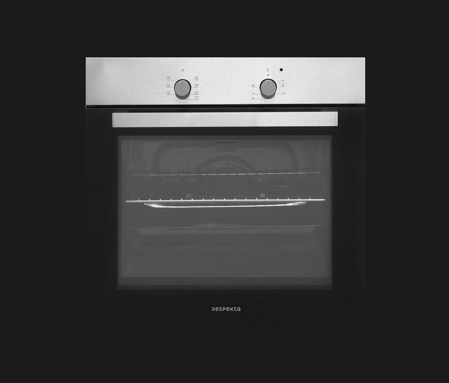 Schwarzweißfoto eines Respekta Einbaubackofens »AB 120-33«.