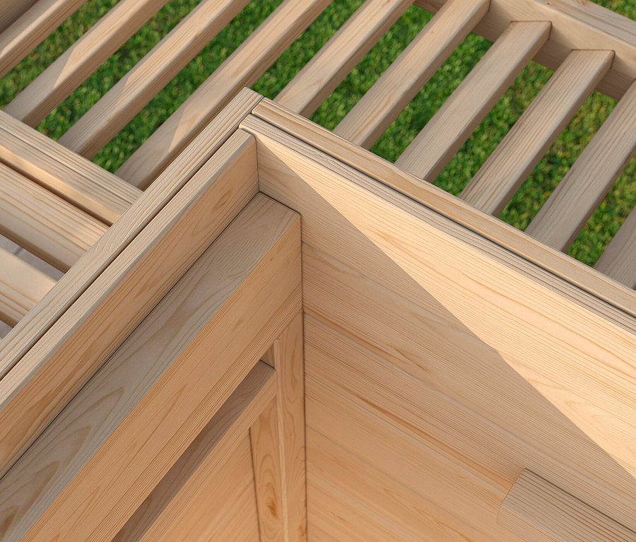 Detail einer Ecke des Weka Design-Gerätehauses »Pure Garden« mit 19 mm Wandstärke.