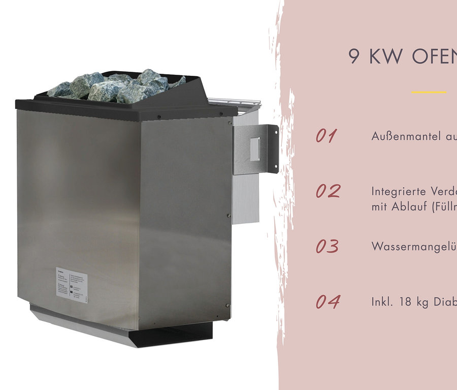 Das Bild zeigt einen Saunaofen mit 18 kg Diabassteinen.