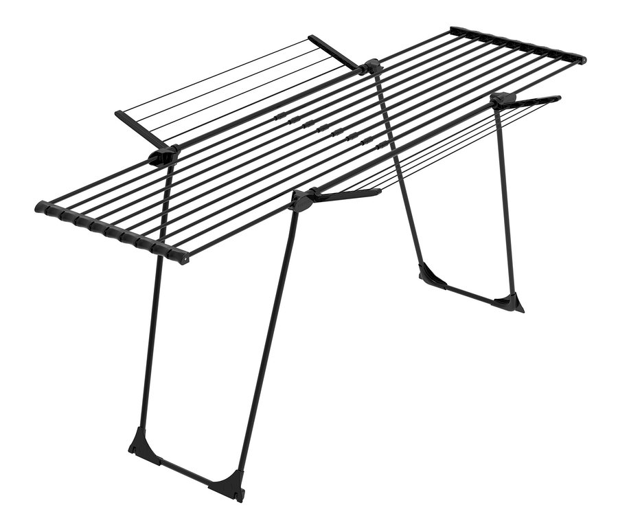 Ein schwarzer Teleskop-Wäscheständer "Ultra" vor einem weißen Hintergrund.