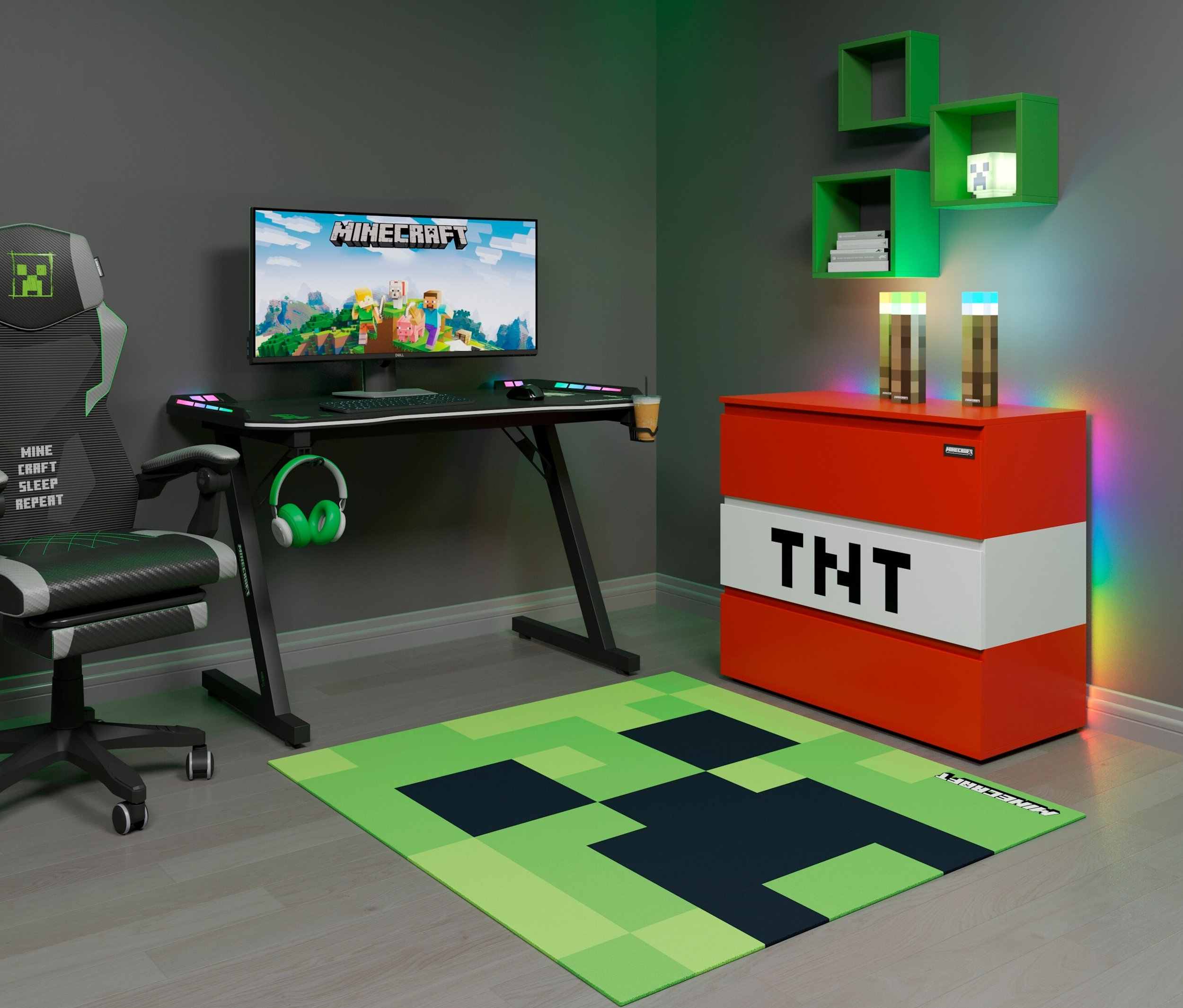Gaming-Zimmer mit schwarzem Tisch, Minecraft-Motivstuhl, TNT-Truhe und grünem Creeper Teppich »Creeper« von roba.