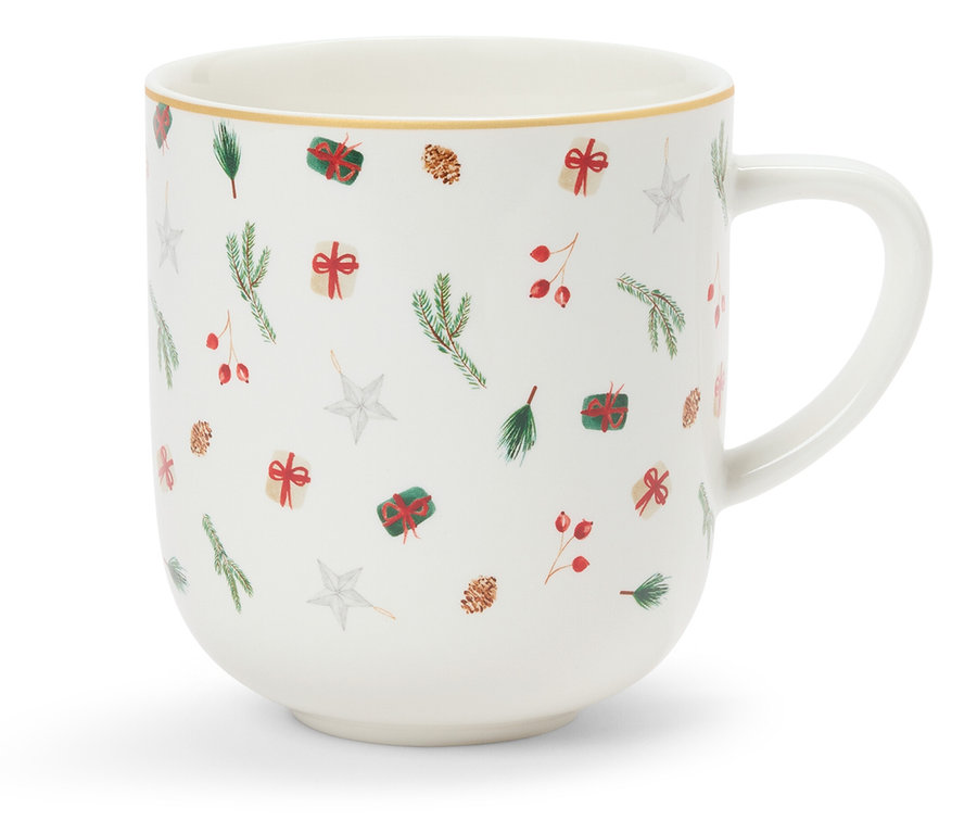 Weiße Tasse mit Weihnachtsmotiven.