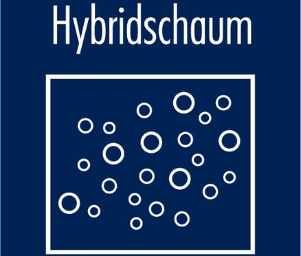 Symbolbild für Hybridschaum-Matratze mit weißen Kreisen unterschiedlicher Größe in einem weißen Rahmen auf blauem Grund.