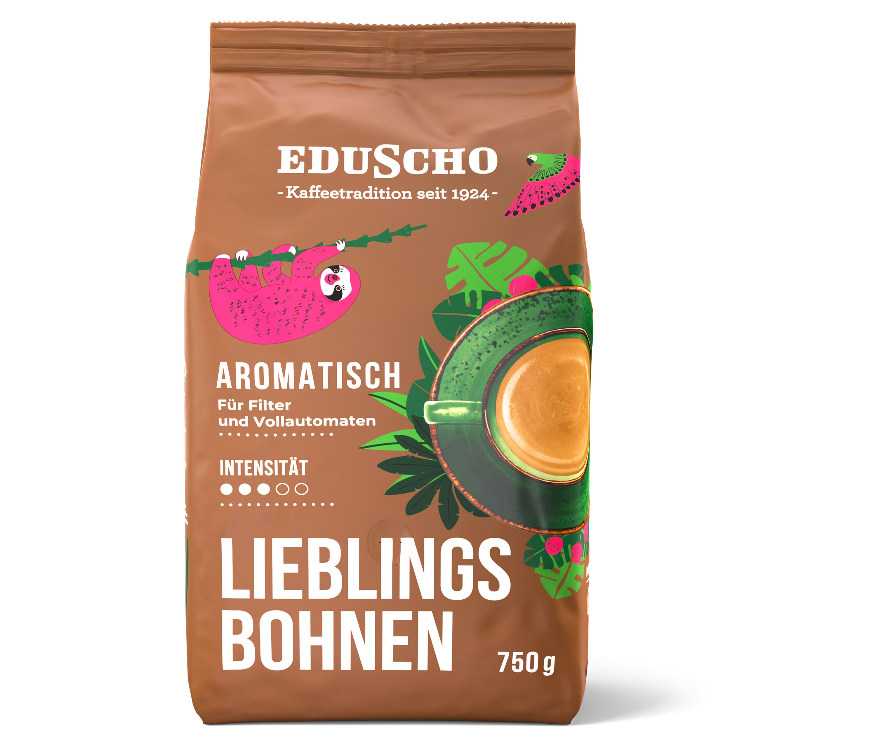 Eine Packung Eduscho Lieblingsbohnen Aromatisch, 750g ganze Bohne. Auf der Packung ist ein Faultier und eine Tasse Kaffee abgebildet.
