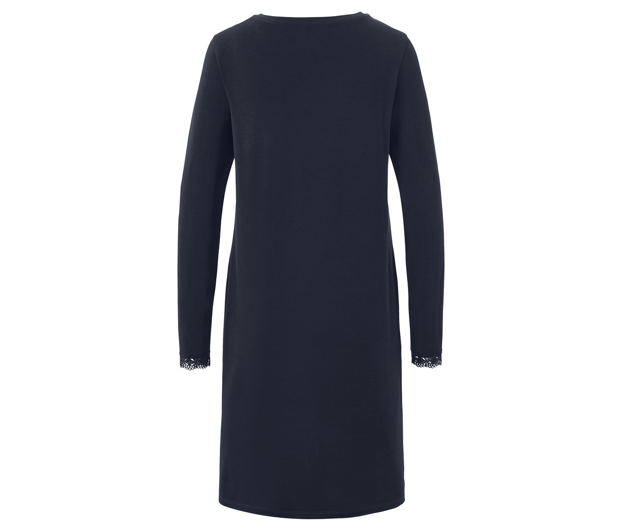 Dunkelblaues, langärmliges Kleid mit Spitzenbündchen.