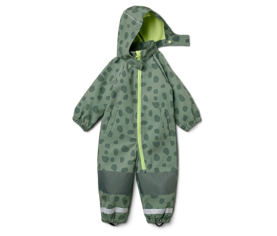 Grüner Overall mit Kapuze, dunkelgrünen Flecken und neongrünem Reißverschluss auf weißem Hintergrund.