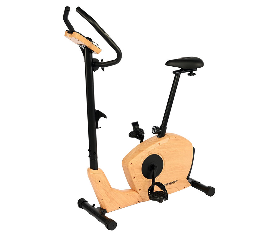 Heimtrainer mit Holzimitat-Rahmen und schwarzem Lenker und Sitz.