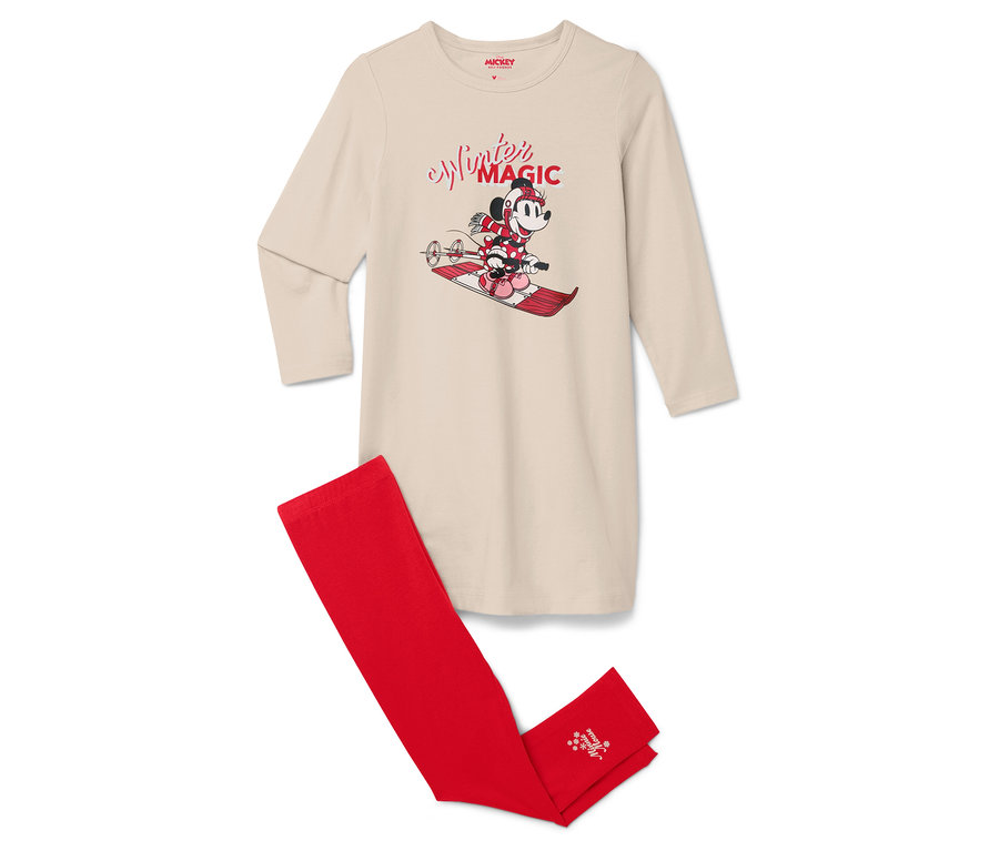 Beiges Langarm-Nachthemd und rote Leggings mit Minnie Mouse-Aufdruck.