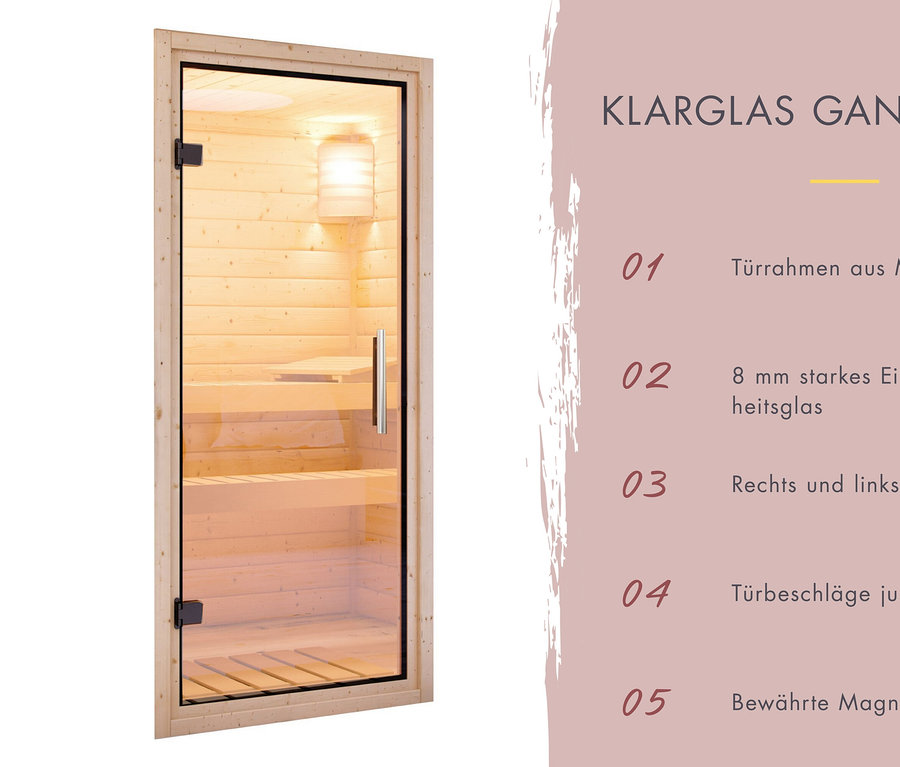 Glastür für Sauna mit Massivholzrahmen.