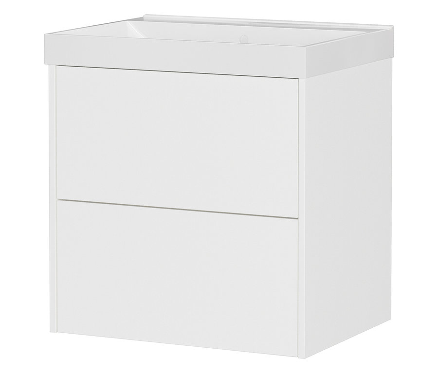 Weißer Badezimmerschrank mit zwei Schubladen.